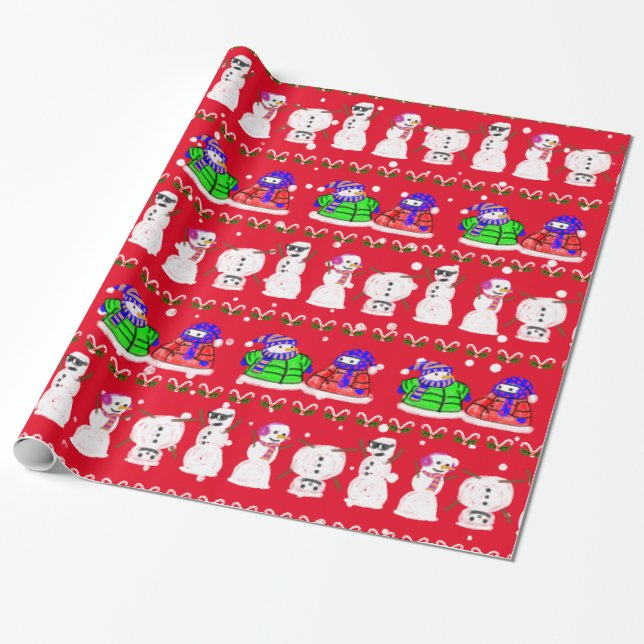Funny Cute Christmas Snowmen Wrapping Paper (Unrolled)