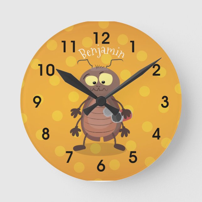 Funny cute cockroach cartoon character round clock (Front)