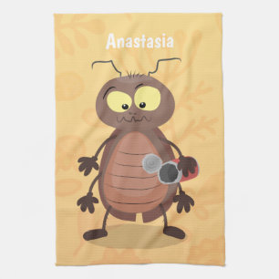 Funny cute cockroach cartoon character tea towel