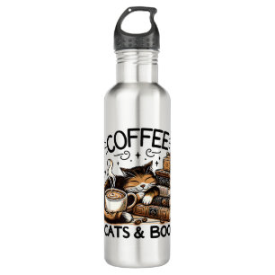 Funny Cute Coffee Cats Books Lover Gift Idea Women 710 Ml Water Bottle