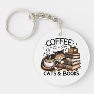 Funny Cute Coffee Cats Books Lover Gift Idea Women Key Ring