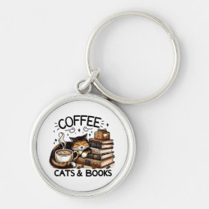 Funny Cute Coffee Cats Books Lover Gift Idea Women Key Ring