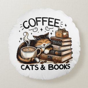 Funny Cute Coffee Cats Books Lover Gift Idea Women Round Cushion