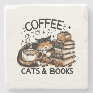 Funny Cute Coffee Cats Books Lover Gift Idea Women Stone Coaster