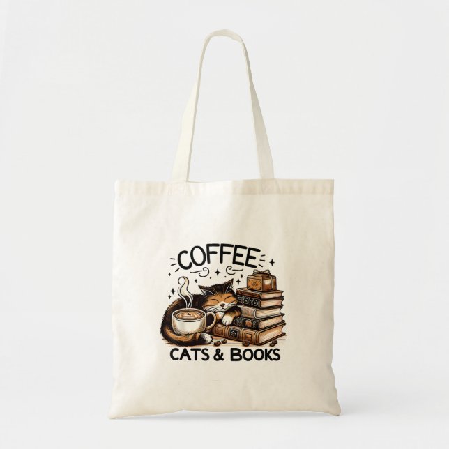 Funny Cute Coffee Cats Books Lover Gift Idea Women Tote Bag (Front)