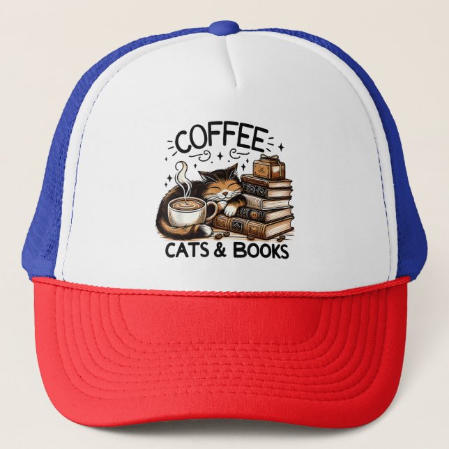 Funny Cute Coffee Cats Books Lover Gift Idea Women Trucker Hat (Front)