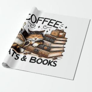 Funny Cute Coffee Cats Books Lover Gift Idea Women Wrapping Paper