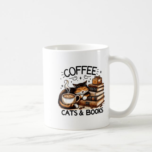 Funny Cute Coffee Cats Books Lover Women Men Kids  Coffee Mug (Right)