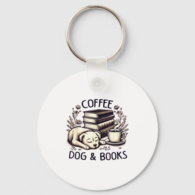 Funny Cute Coffee Dog Books Lover Women Men Kids  Key Ring (Front)