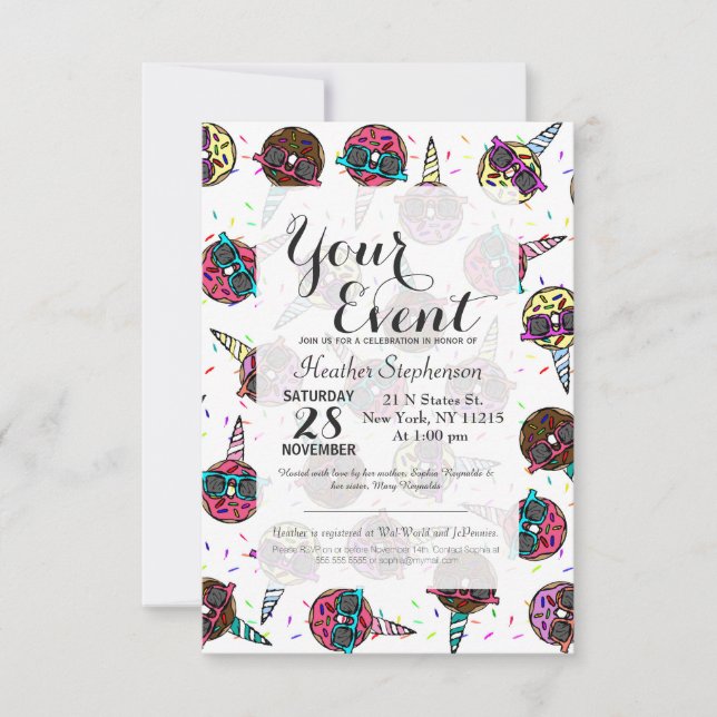 Funny Cute Colourful Unicorn Doughnut with Sunglas Invitation (Front)