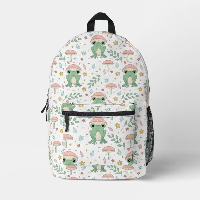 Funny Cute Cottagecore Aesthetic Frog Mushroom Printed Backpack (Front)