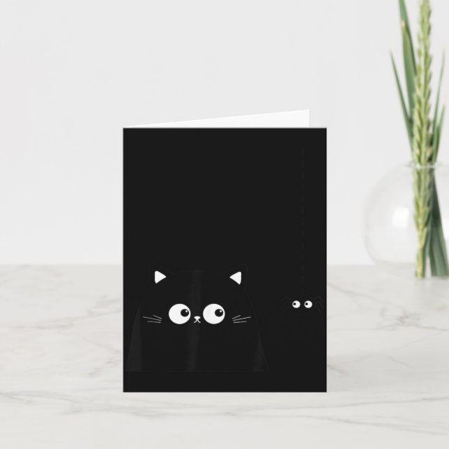 Funny Cute Curious Black Cat With Cute Spider Card (Front)