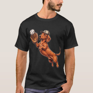 Funny Cute Dachshund Playing Baseball Dog Catcher T-Shirt
