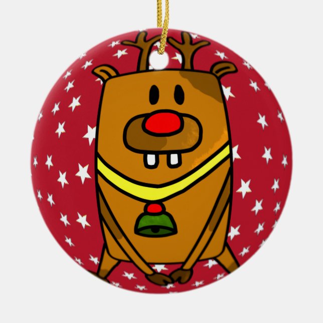 Funny Cute Deer Red Nose Stars Christmas Ceramic Ornament (Front)