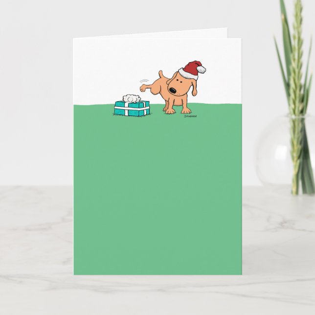 Funny Cute Dog Peeing on Present Christmas Holiday Card (Front)
