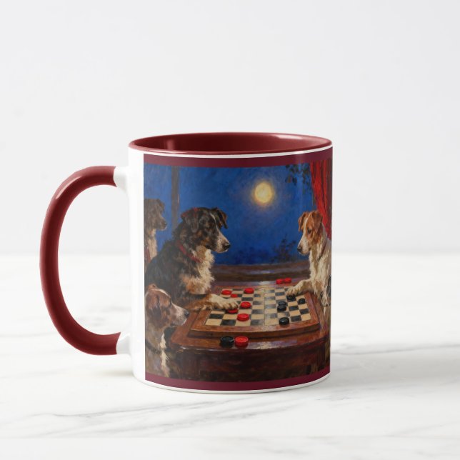 Funny Cute Dogs Playing Checkers Gift Coffee Mug (Left)