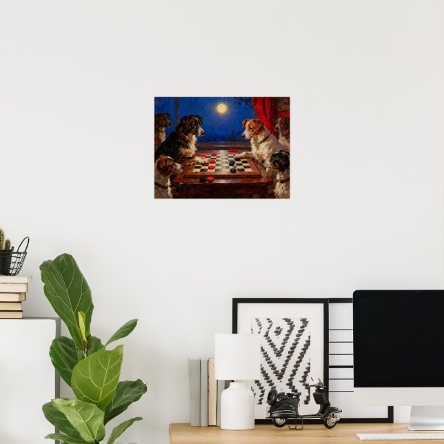 Funny Cute Dogs Playing Checkers Gift Poster (Home Office)