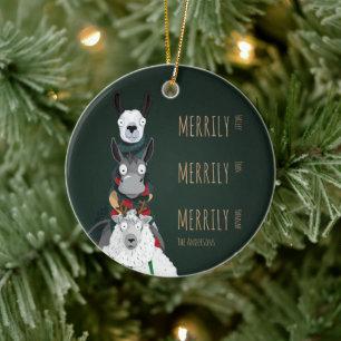 Funny Cute Donkey, Llama & Sheep Green Ceramic Ornament