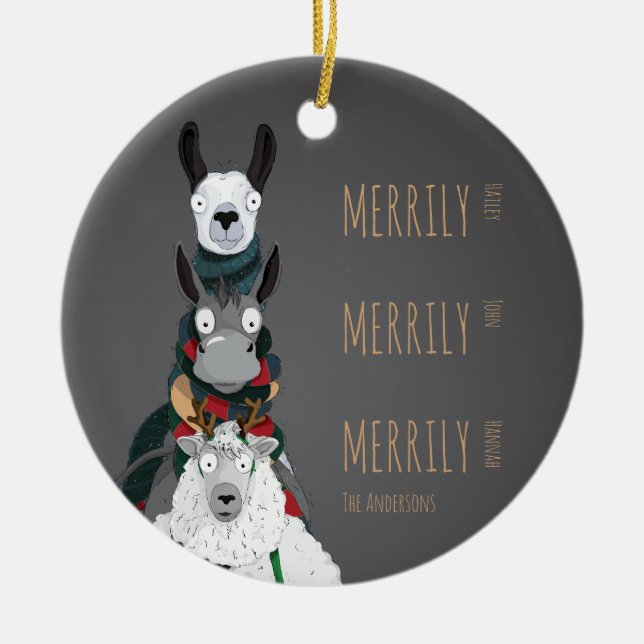 Funny Cute Donkey, Llama & Sheep Grey Ceramic Ornament (Front)