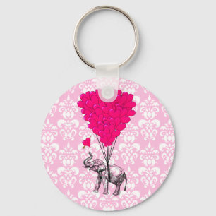 Funny cute elephant & pink damask key ring