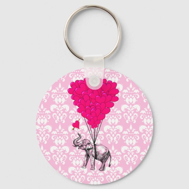 Funny cute elephant & pink damask key ring (Front)