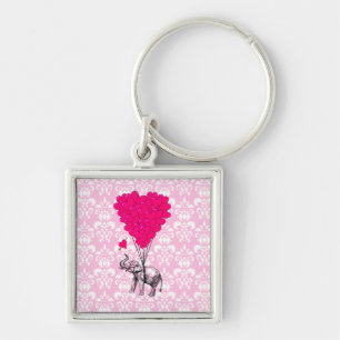 Funny cute elephant & pink damask key ring