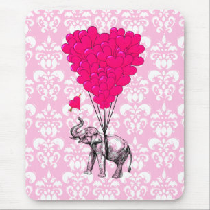 Funny cute elephant & pink damask mouse pad