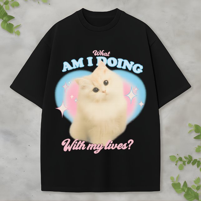 Funny Cute Existential Cat Meme Pastel Retro Style T-Shirt (Creator Uploaded)