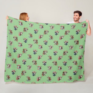 Funny Cute Floral Cows Wearing Hats Pattern Green Fleece Blanket
