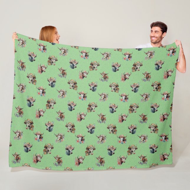 Funny Cute Floral Cows Wearing Hats Pattern Green Fleece Blanket (In Situ)