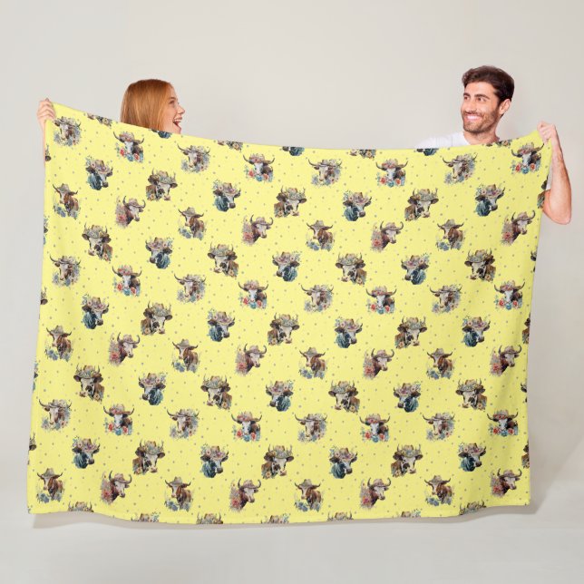Funny Cute Floral Cows Wearing Hats Pattern Yellow Fleece Blanket (In Situ)