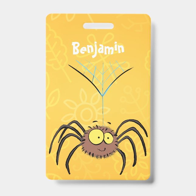 Funny cute fluffy spider cartoon ID badge (Front)