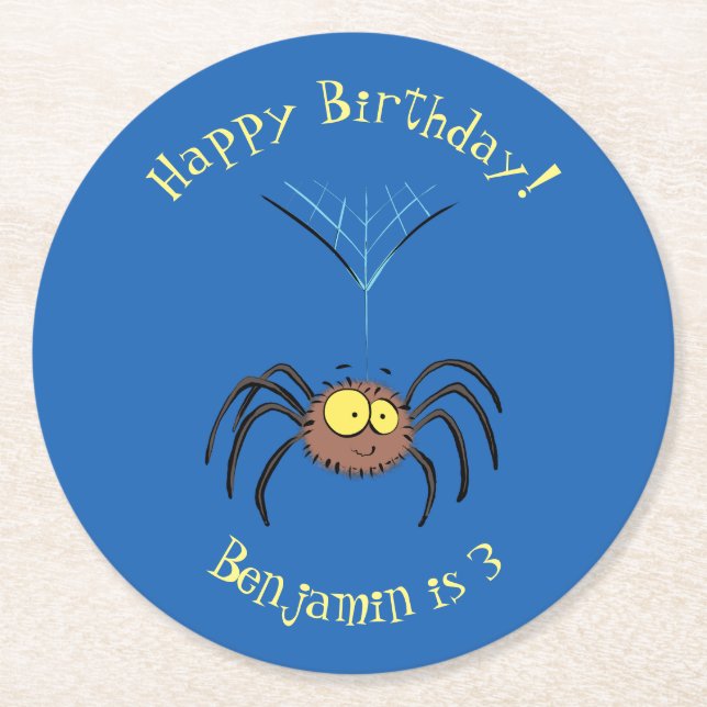 Funny cute fluffy spider cartoon round paper coaster (Front)