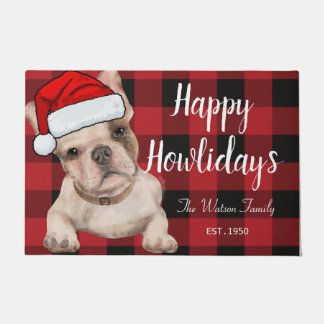 Funny cute French bulldog red Happy howlidays Doormat