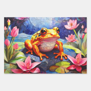 Funny Cute frogs sitting on a pond on a sunny day  Wrapping Paper Sheet