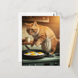 Funny Cute Ginger Cat Cooking Eggs For Breakfast Postcard
