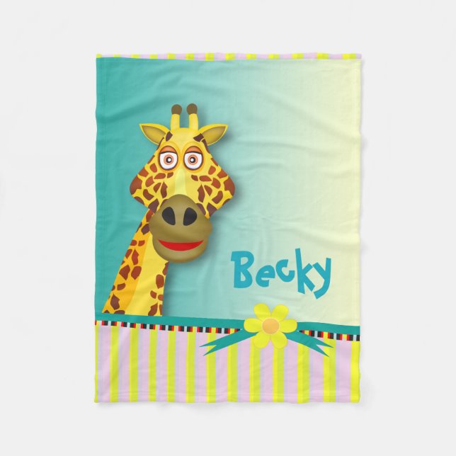 Funny Cute Giraffe | yellow teal Fleece Blanket (Front)