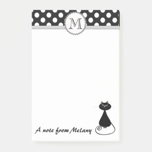 Funny cute girly black cat polka dots monogram post-it notes