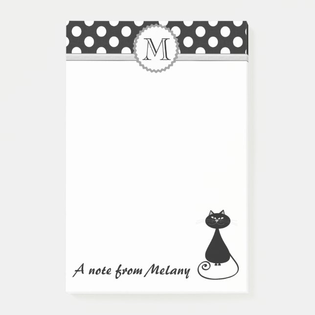 Funny cute girly black cat polka dots monogram post-it notes (Front)
