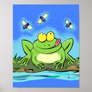 Funny cute green hungry frog with flies cartoon poster