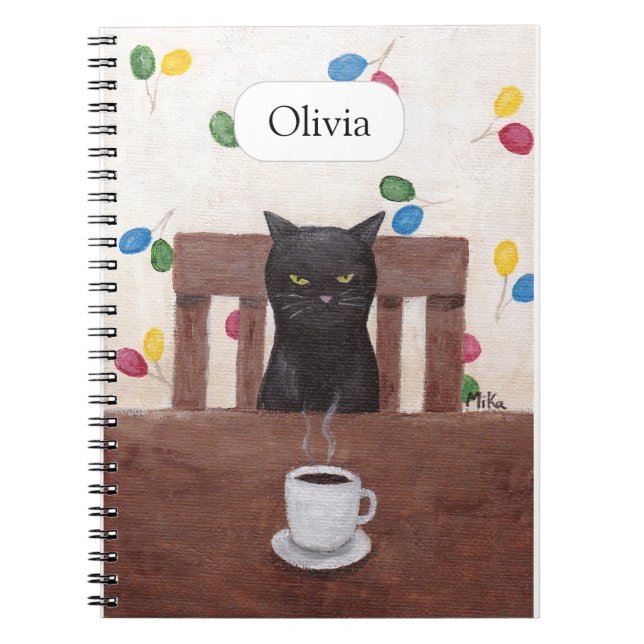 Funny Cute Grumpy Black Cat Coffee Custom name Notebook (Front)