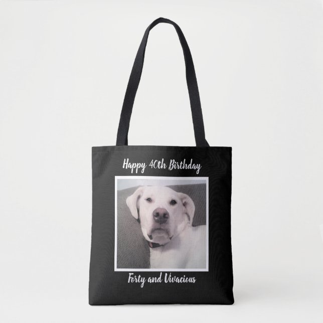 Funny Cute Grumpy White Dog 40th Birthday Black Tote Bag (Front)