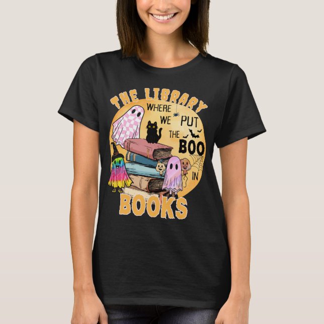 Funny Cute Halloween Librarian with Name on Back T-Shirt (Front)
