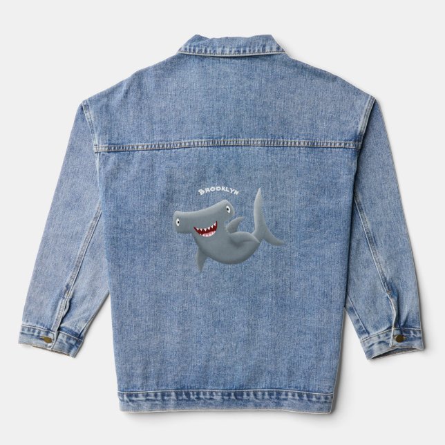 Funny cute Hammerhead shark cartoon  Denim Jacket (Back)