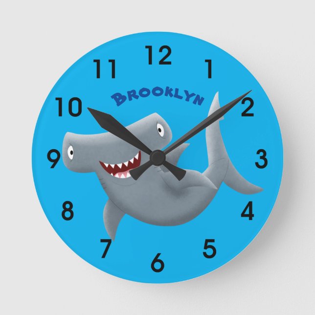 Funny cute Hammerhead shark cartoon Round Clock (Front)