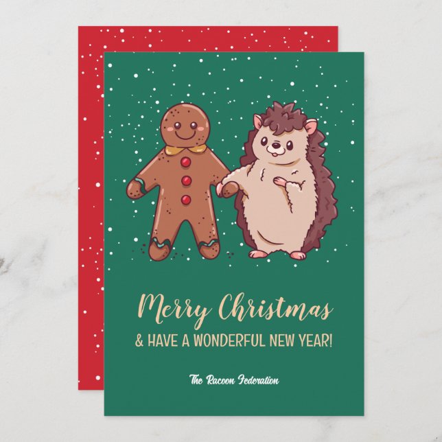 Funny Cute Hedgehog Merry Christmas Happy New Year Holiday Card (Front/Back)
