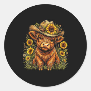 Funny cute highland cow sunflower floral farm classic round sticker