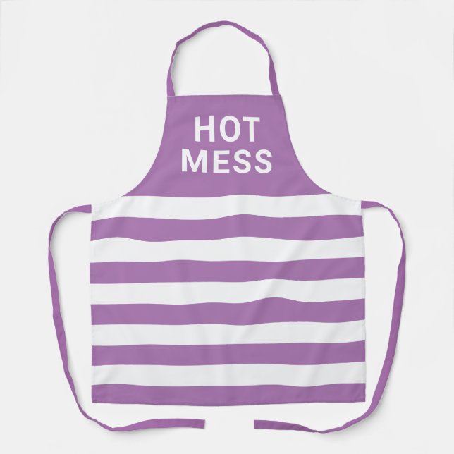 Funny Cute Hot Mess Purple Stripes Kitchen Apron (Front)
