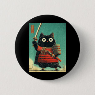 Funny Cute Japanese Cat Samurai Sumi-e Katana 6 Cm Round Badge