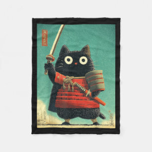 Funny Cute Japanese Cat Samurai Sumi-e Katana Fleece Blanket
